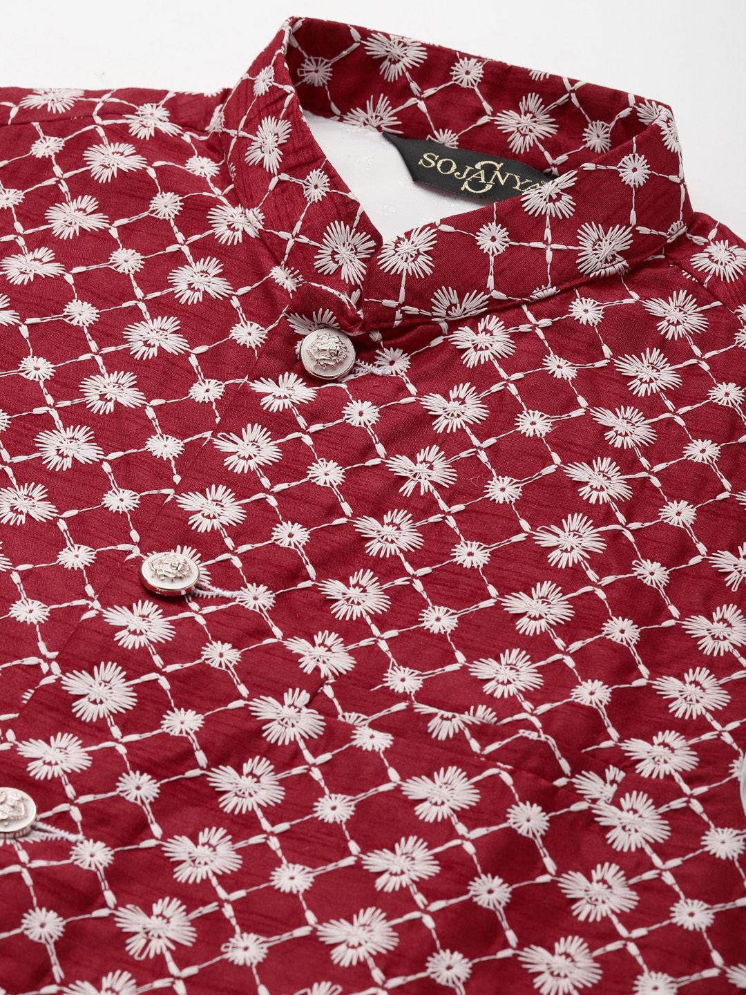SOJANYA Men Black & Maroon Thread Work Kurta with Churidar