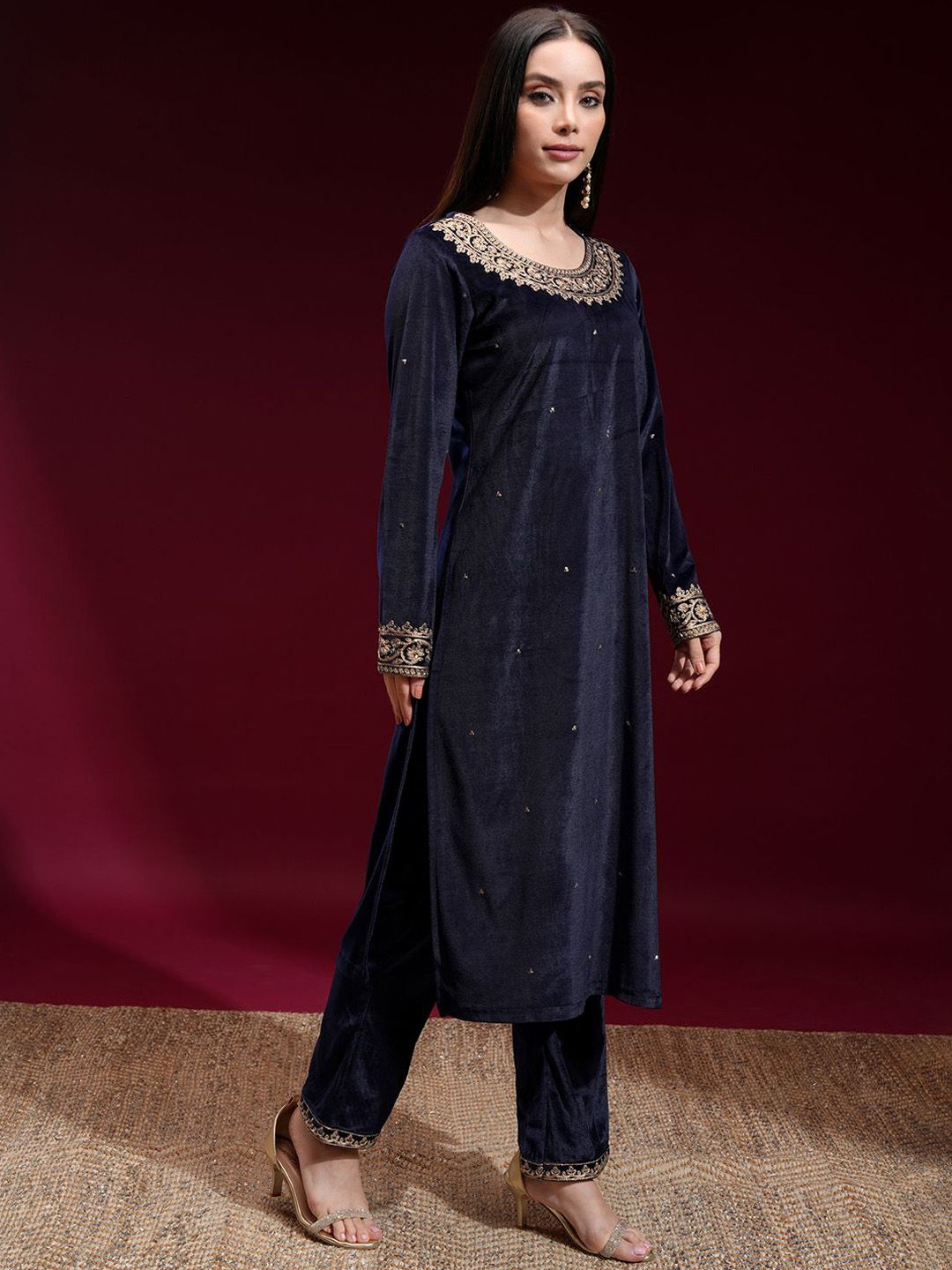 Vishudh Women Embroidered Velvet Straight Kurta with Slim Pants and Dupatta