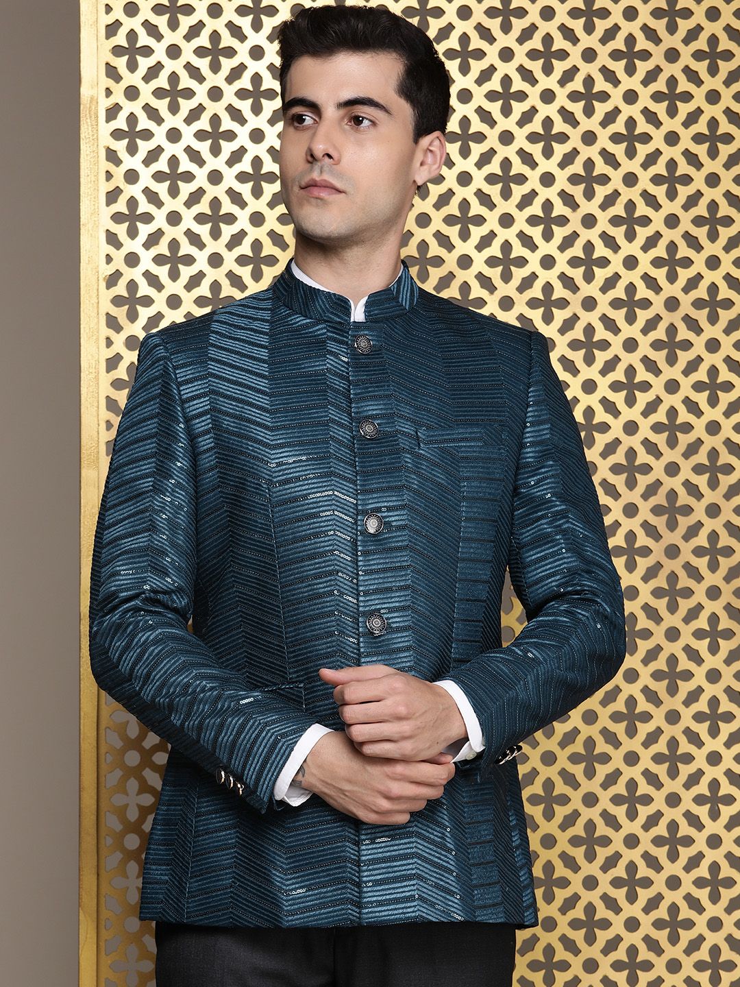 House of Pataudi Jashn Mandarin Collar Textured Sequinned Bandhgala Blazer