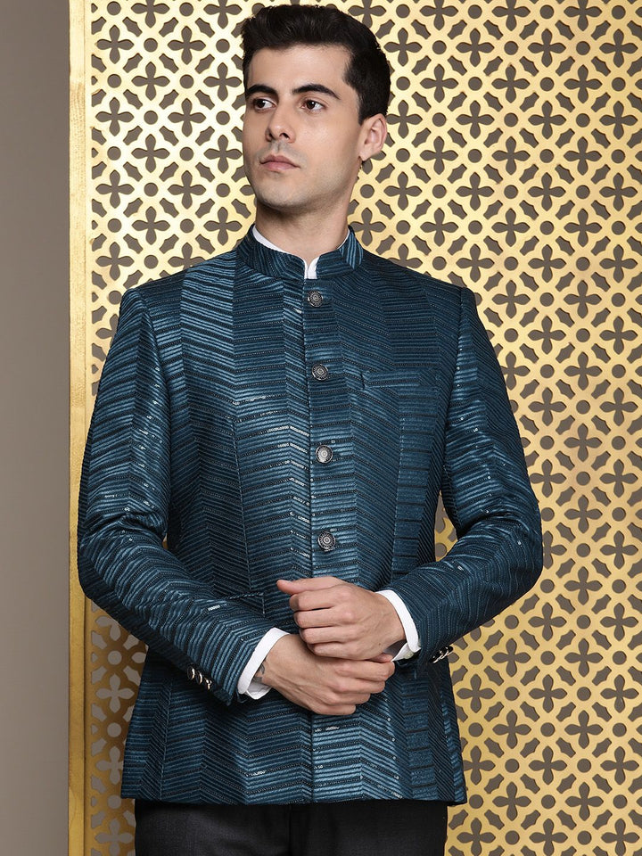 House of Pataudi Jashn Mandarin Collar Textured Sequinned Bandhgala Blazer