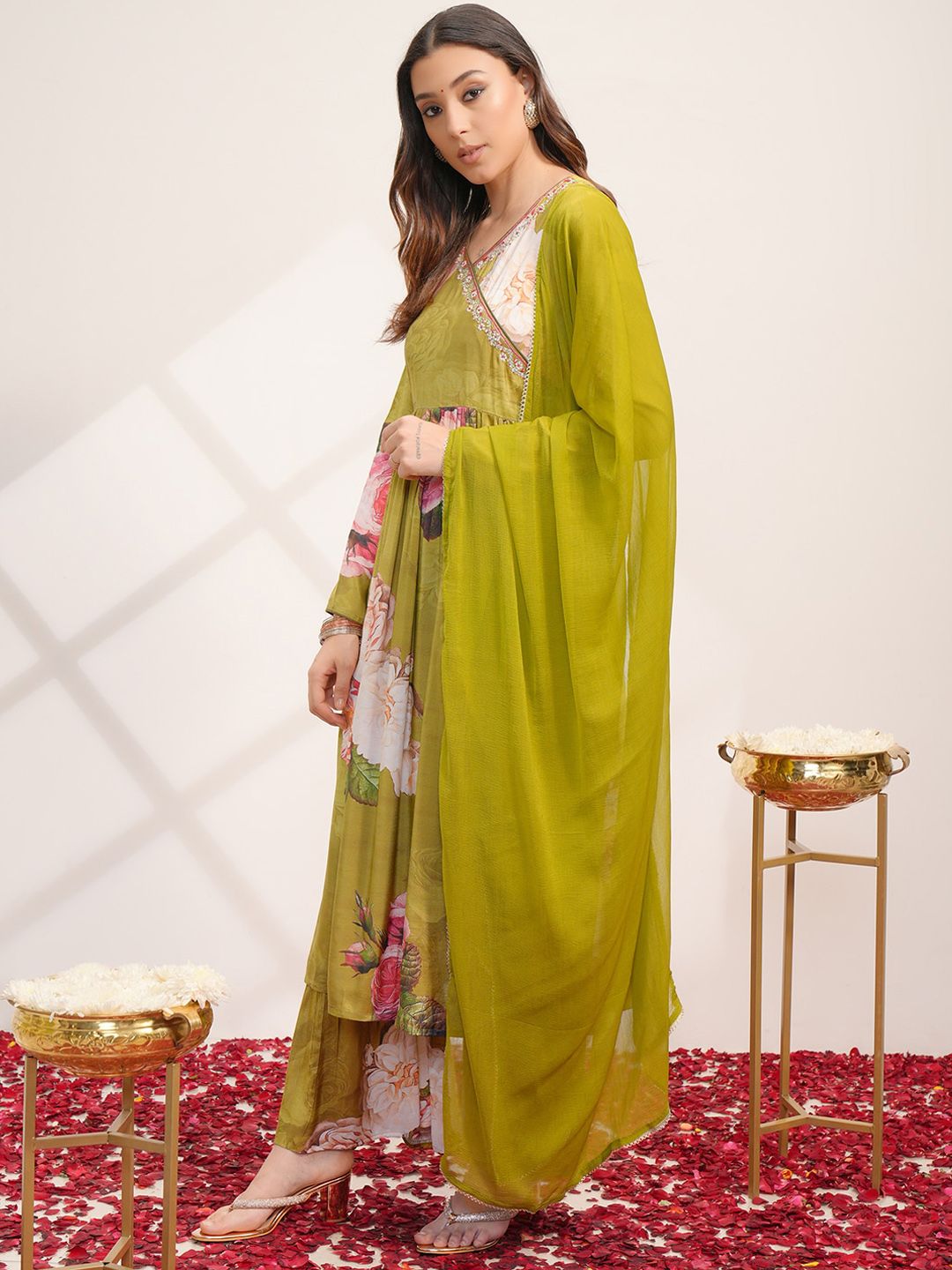 Vishudh V Neck Floral Printed Angrakha Beads and Stones Kurta Set