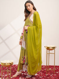 Vishudh V Neck Floral Printed Angrakha Beads and Stones Kurta Set