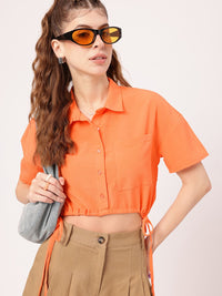 DressBerry Splash Of Orange Seersucker Shirt Style Crop Top