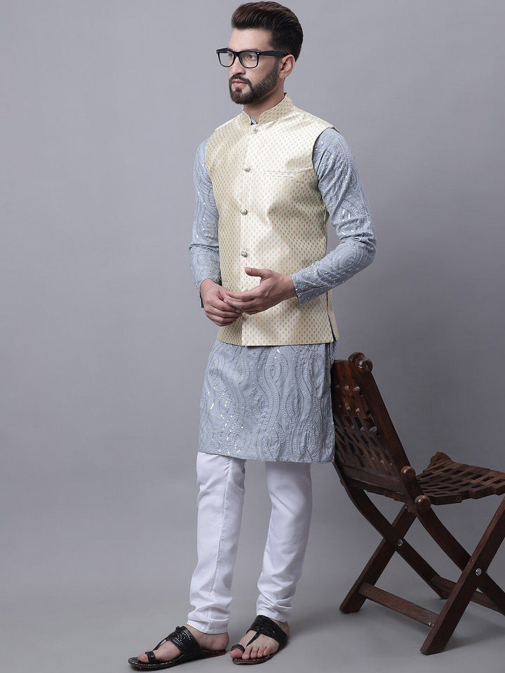 SOJANYA Ethnic Motifs Sequinned Embellished Pure Cotton Kurta With Pyjama & Nehru Jacket