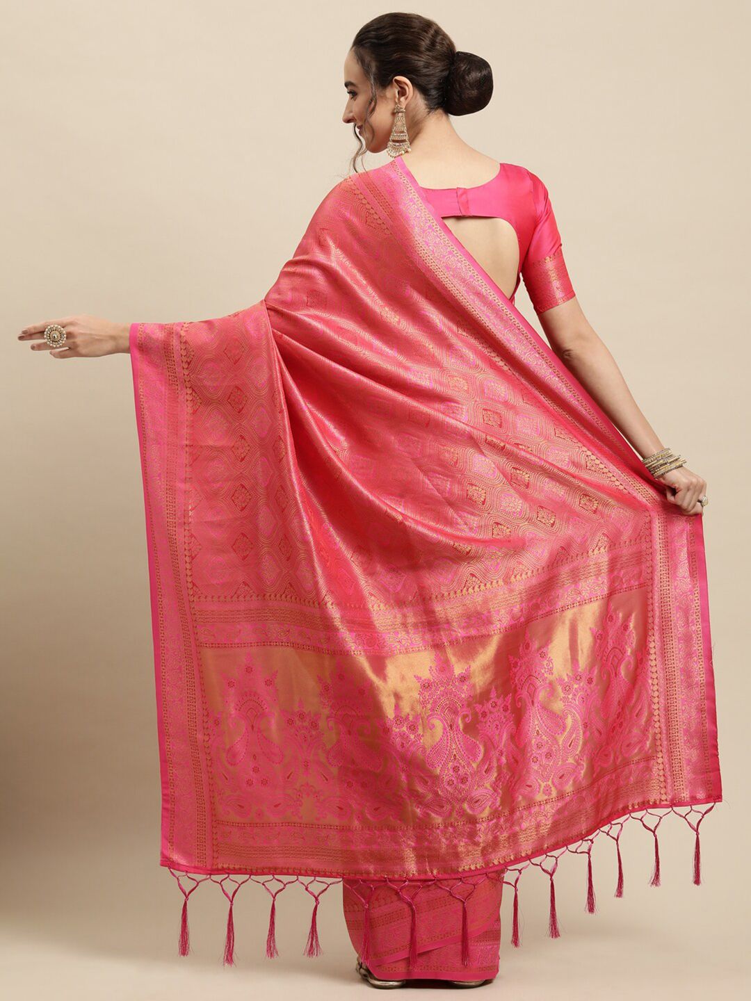 Saree mall Magenta & Gold Ethnic Motifs Zari Silk Blend Banarasi Sarees