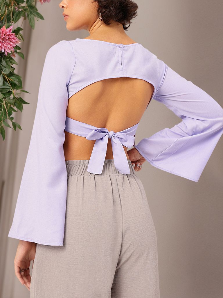 DressBerry Lavender Love Backless Flared Sleeve Crop Top