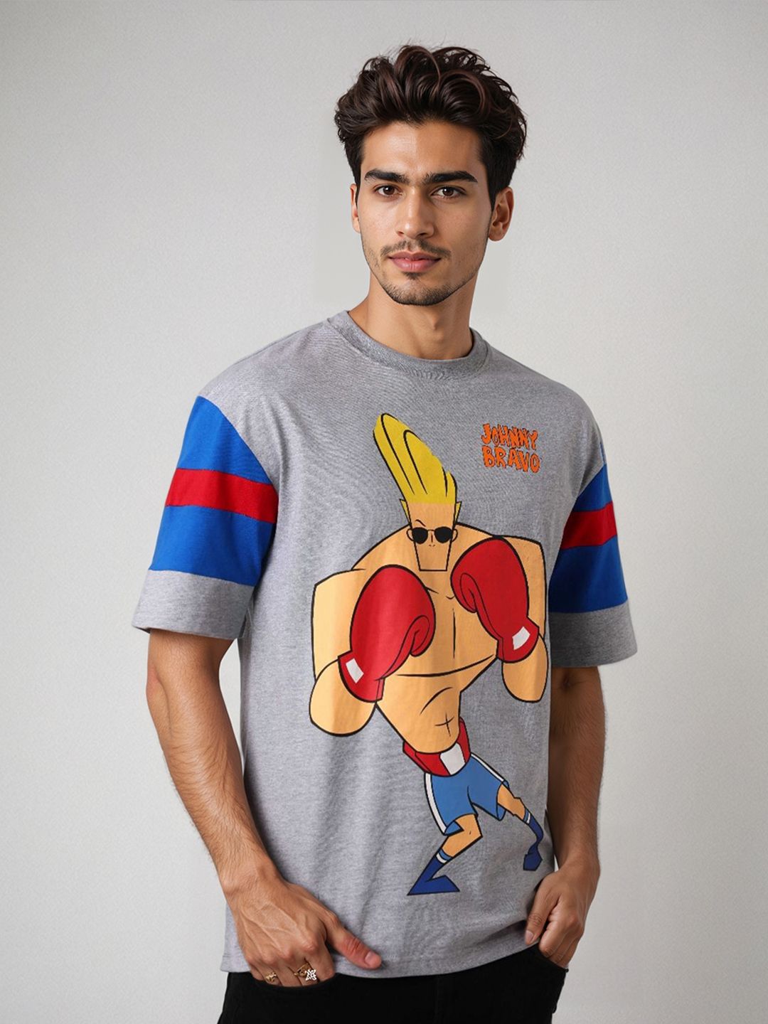 The Indian Garage Co Men Johnny Bravo Graphic Printed Round Neck Cotton Oversized T-shirt