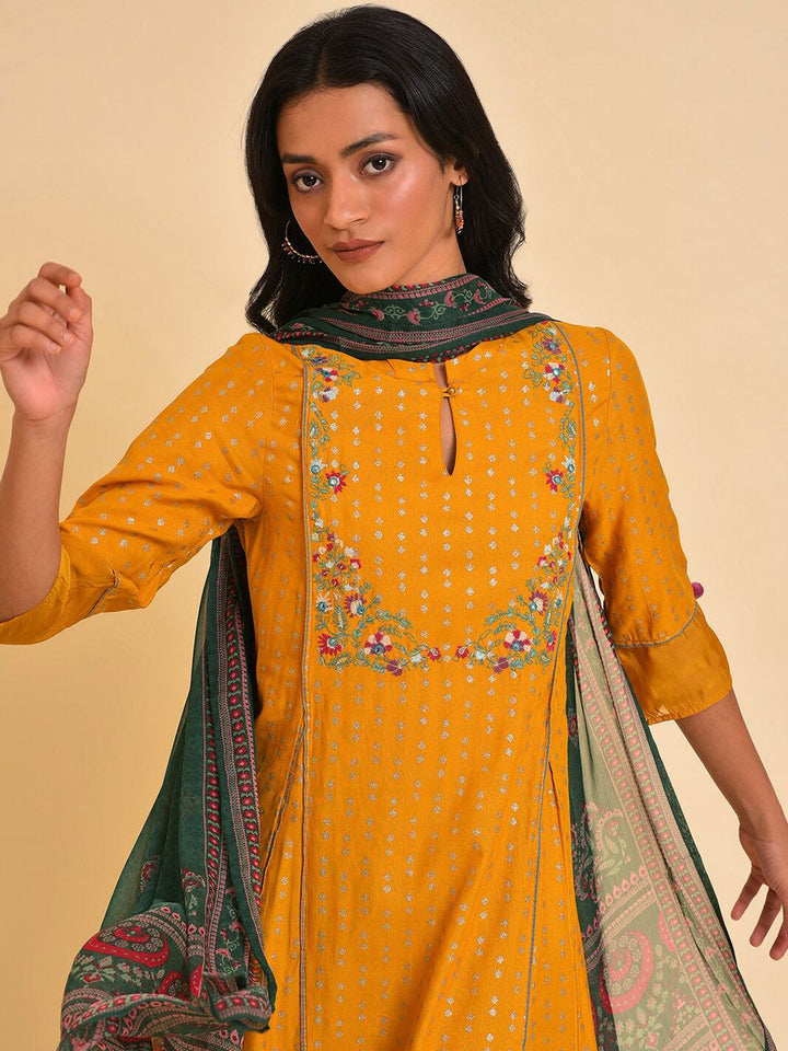 W Mustard Yellow & Green Embroidered Panelled A-Line Kurta Leggings & Dupatta