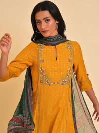 W Mustard Yellow & Green Embroidered Panelled A-Line Kurta Leggings & Dupatta