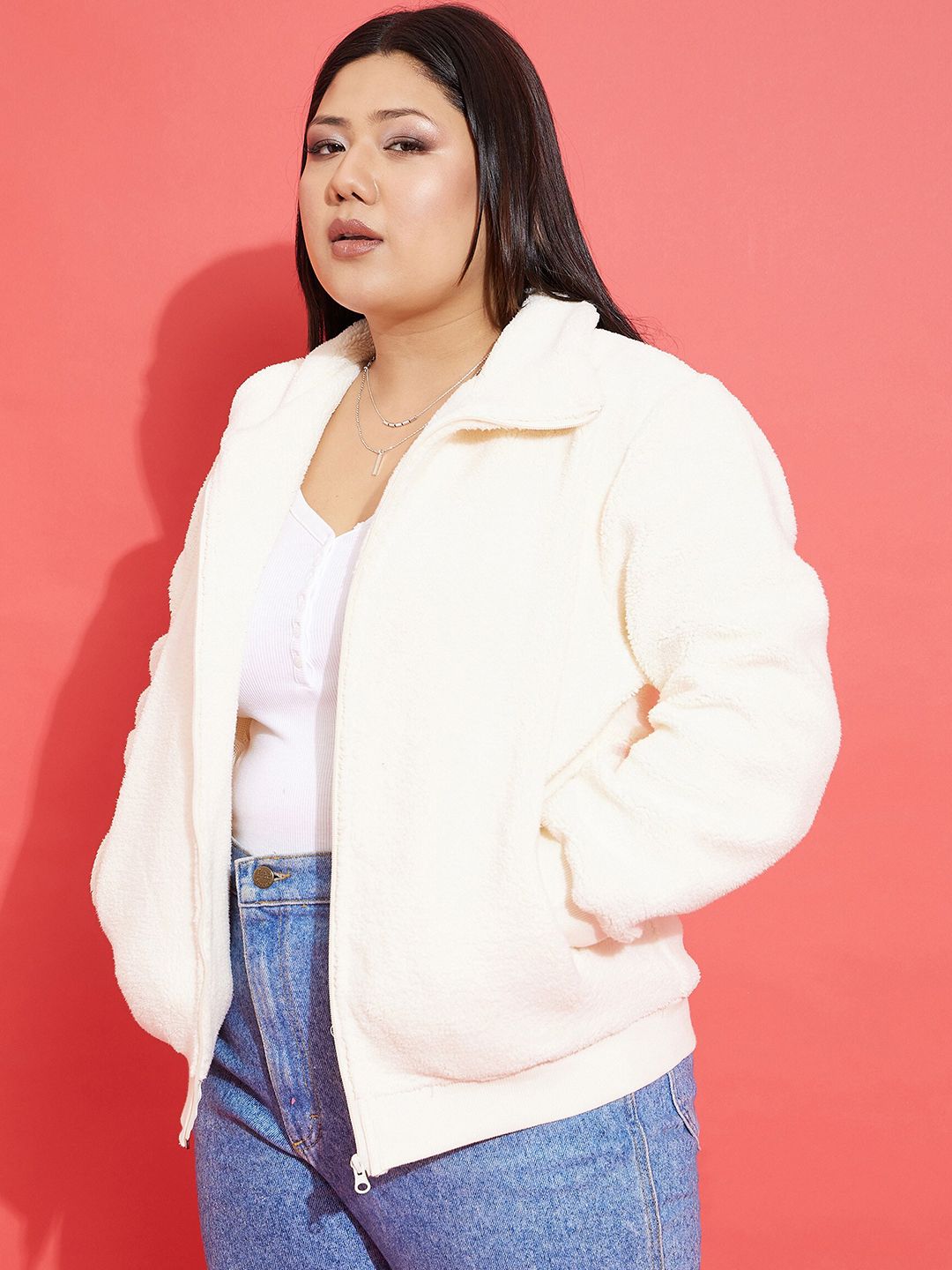 SASSAFRAS Curve Plus Size White Self Design Mock Collar Bomber Jacket