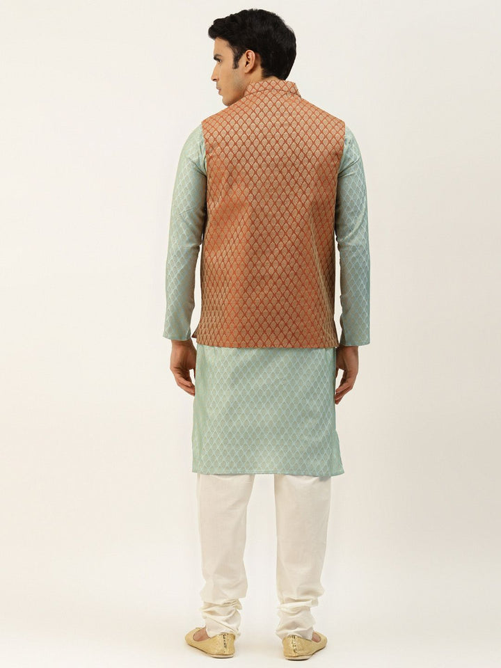 SOJANYA Lelaki Rust Red & Green Jacquard Etnik Motif Kurta Lurus dengan Churidar