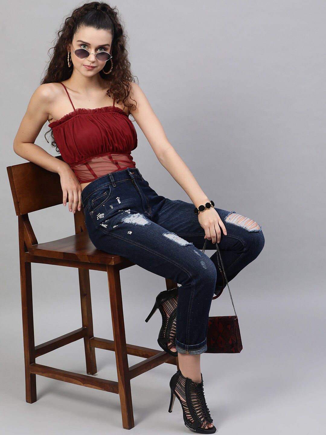 STREET 9 Maroon Solid Smocked Bralette Crop Top