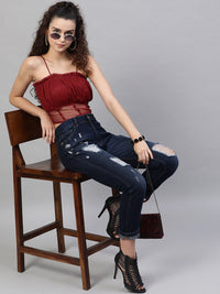 STREET 9 Maroon Solid Smocked Bralette Crop Top
