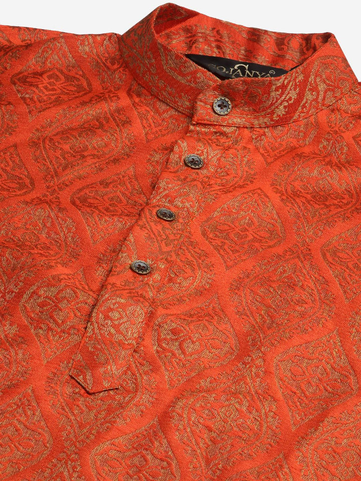 SOJANYA Men Orange Ethnic Motifs Kurta with Churidar & Nehru Jacket