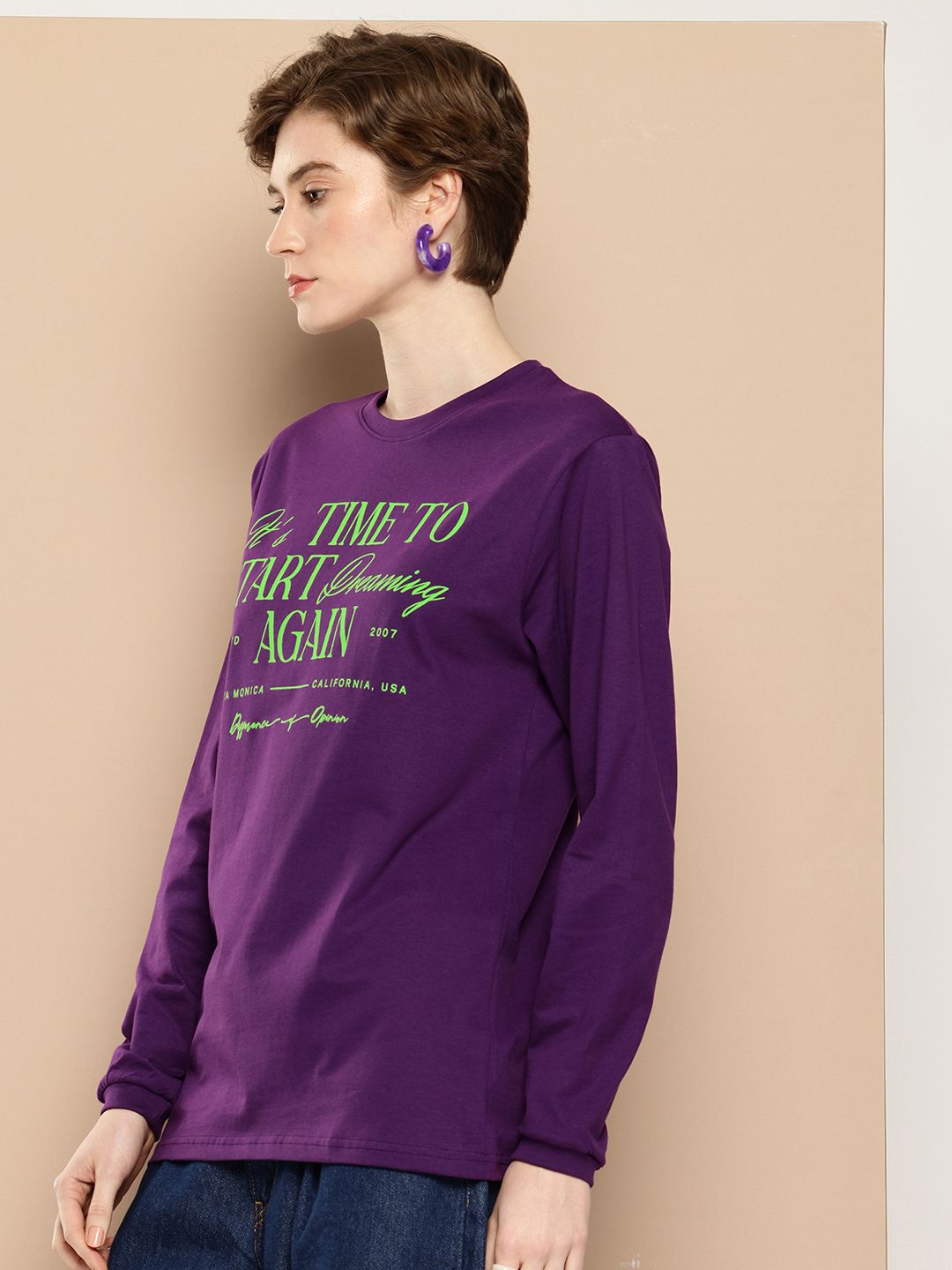 Difference of Opinion Oversized Fit Long Sleeve Typography Printed Pure Cotton T-shirt