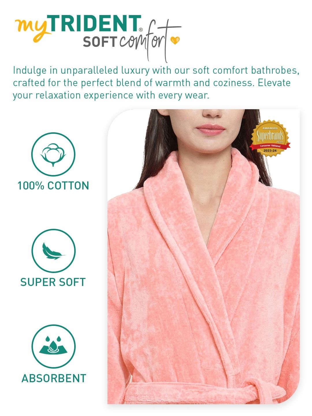 MYTRIDENT Women Peach Pure Cotton Bath Robe