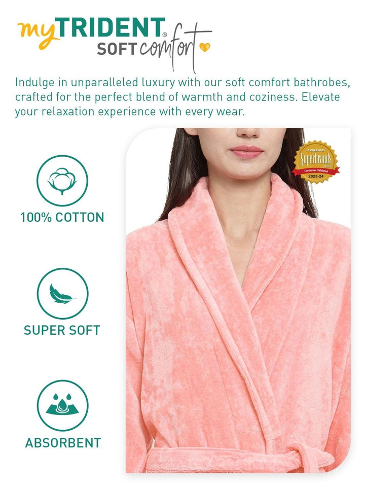 MYTRIDENT Women Peach Pure Cotton Bath Robe