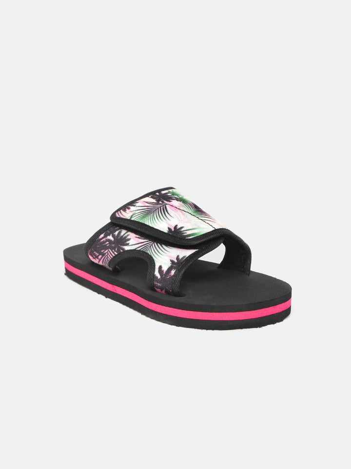YK Boys White & Black Tropical Printed Sliders