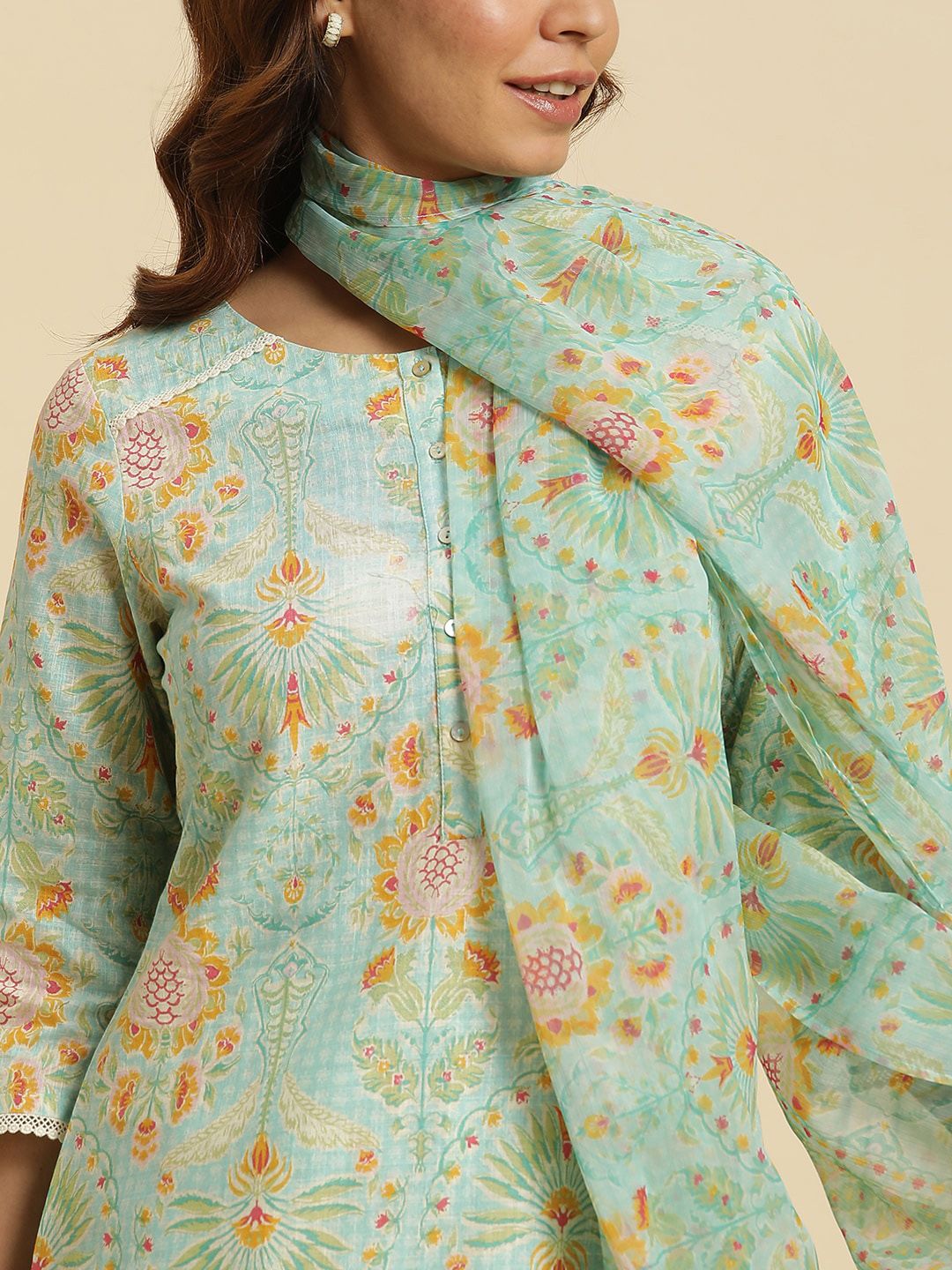 W Floral Printed Regular Pure Cotton Kurta With Trousers & Dupatta