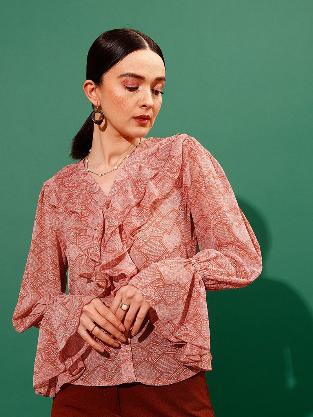 STREET 9 V-Neck Geometric Printed Shirt Style Sheer Ruffled Top