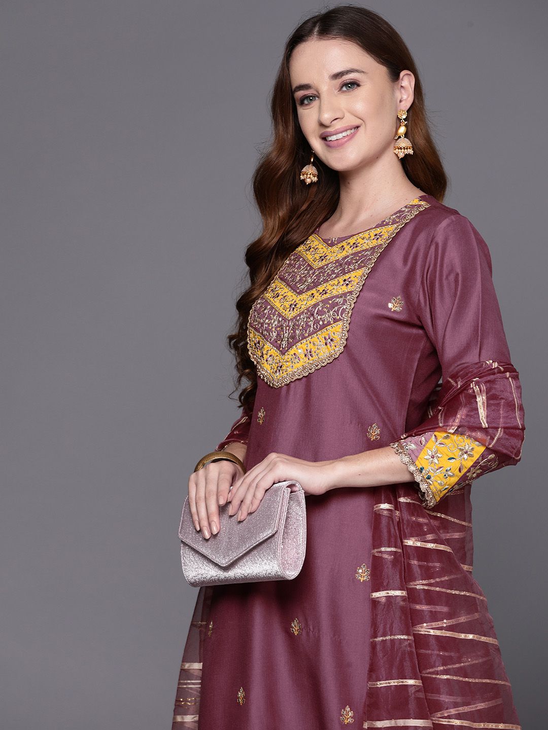 Indo Era Embroidered Regular Sequinned Kurta with Trousers & Dupatta