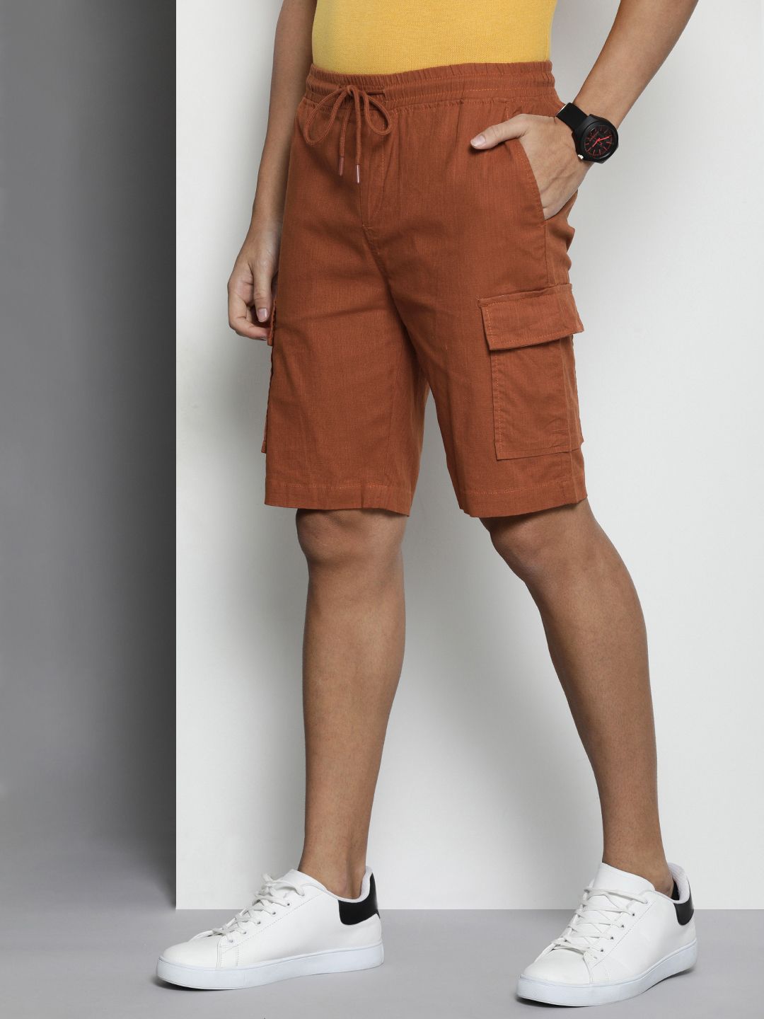 The Indian Garage Co Men Linen Cotton Slim Fit Cargo Shorts