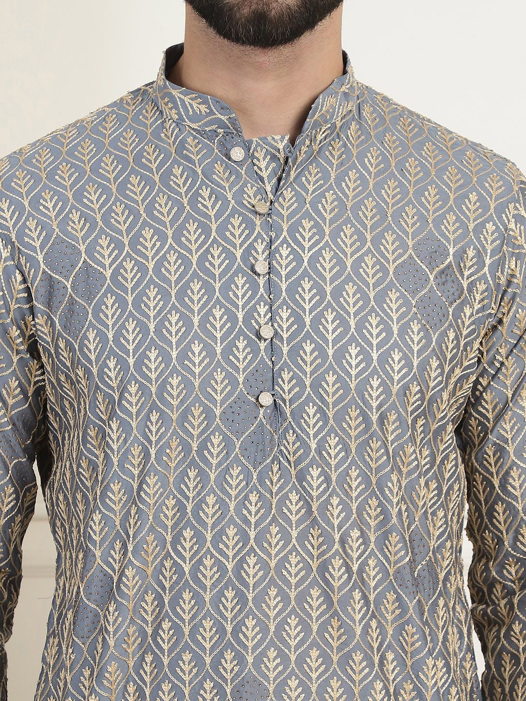 SOJANYA Floral Embroidered Mandarin Collar Pure Cotton Straight Kurta