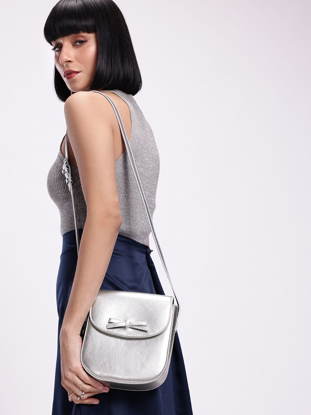 DressBerry Textured Structured Sling Bag with Bow Detail