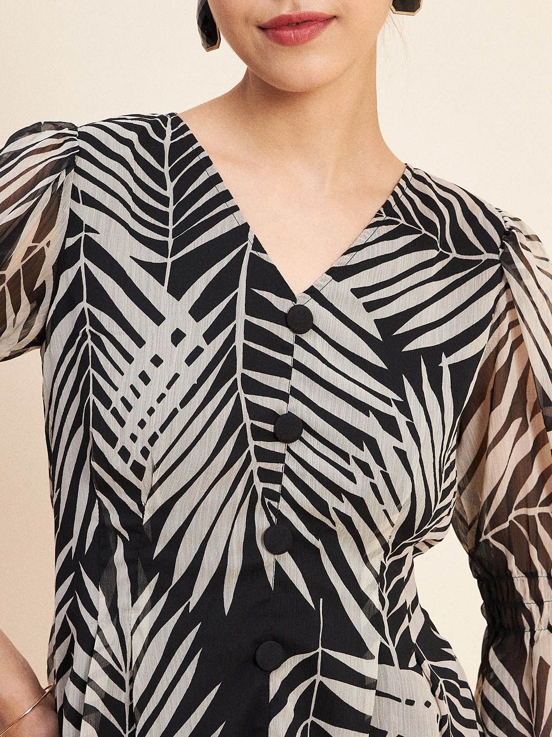Antheaa Black Conversational Printed V-Neck Puff Sleeve Co-Ords