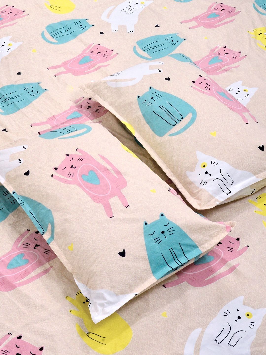 KLOTTHE Beige Cartoon Printed 300 TC Double Bedsheet & 2 Pillow Covers- 2.5 m x 2.25 m