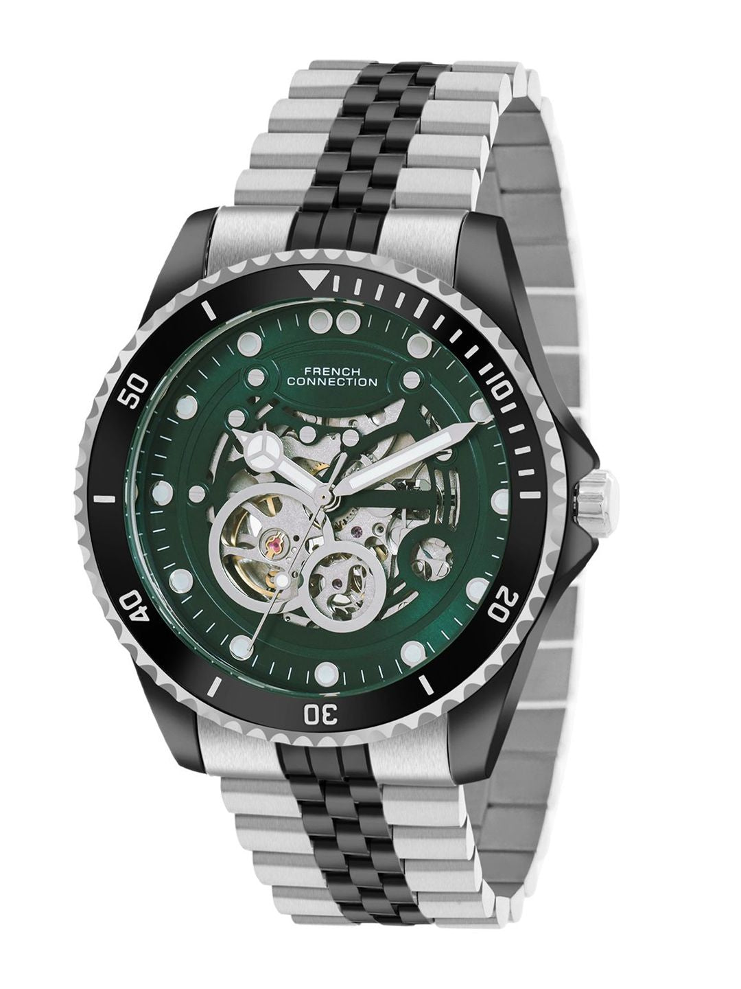 Sambungan Perancis Lelaki Skeleton Dial & Gelang Gelang Keluli Tahan Karat Tali Analog Automatic Motion Watch