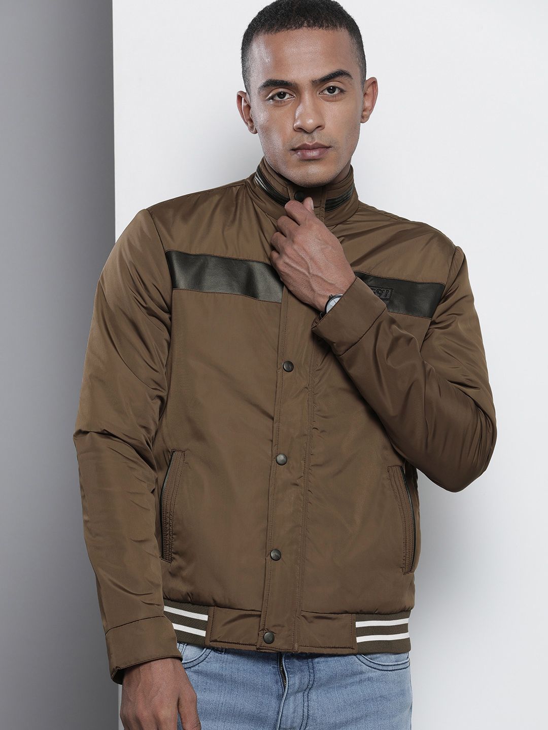 The Indian Garage Co Men Slim Fit Bomber Jacket with Insert Pockets