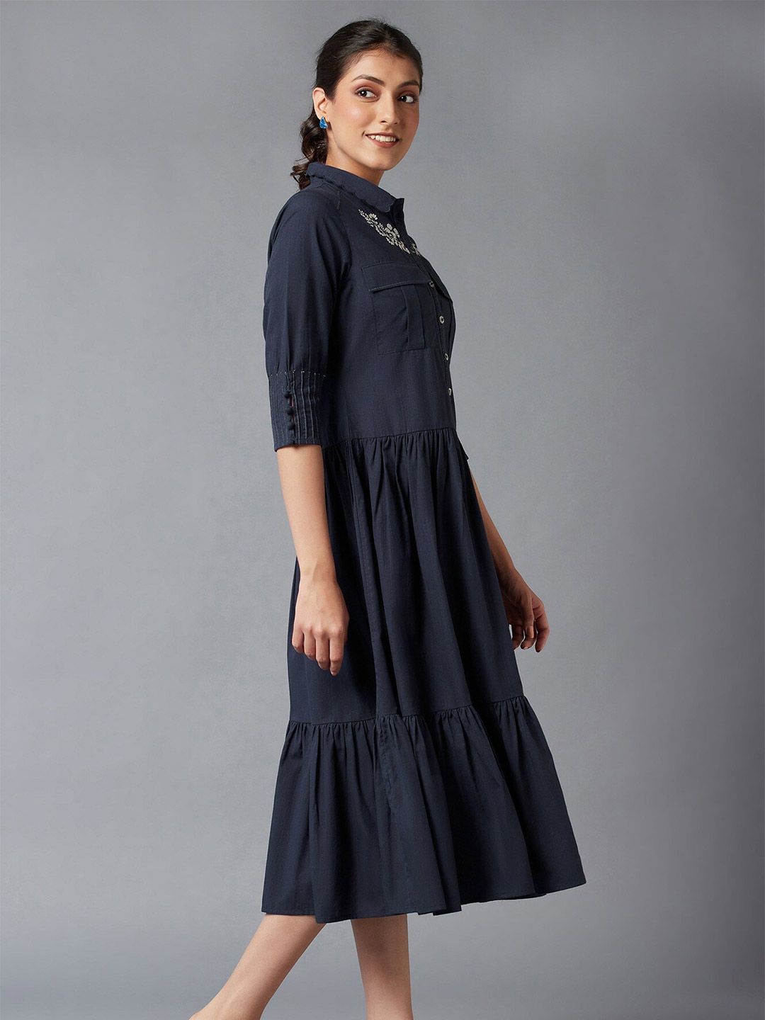 W Women Blue & White Embroidered A-Line Midi Dress