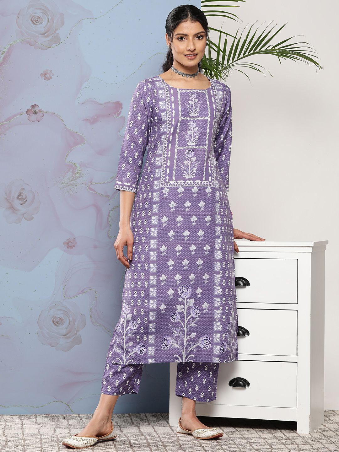 Varanga Women Lavender Ethnic Motifs Printed Kurta with Trousers