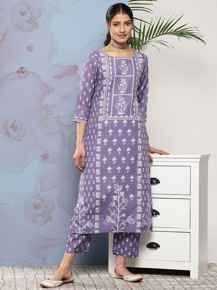 Varanga Women Lavender Ethnic Motifs Printed Kurta with Trousers