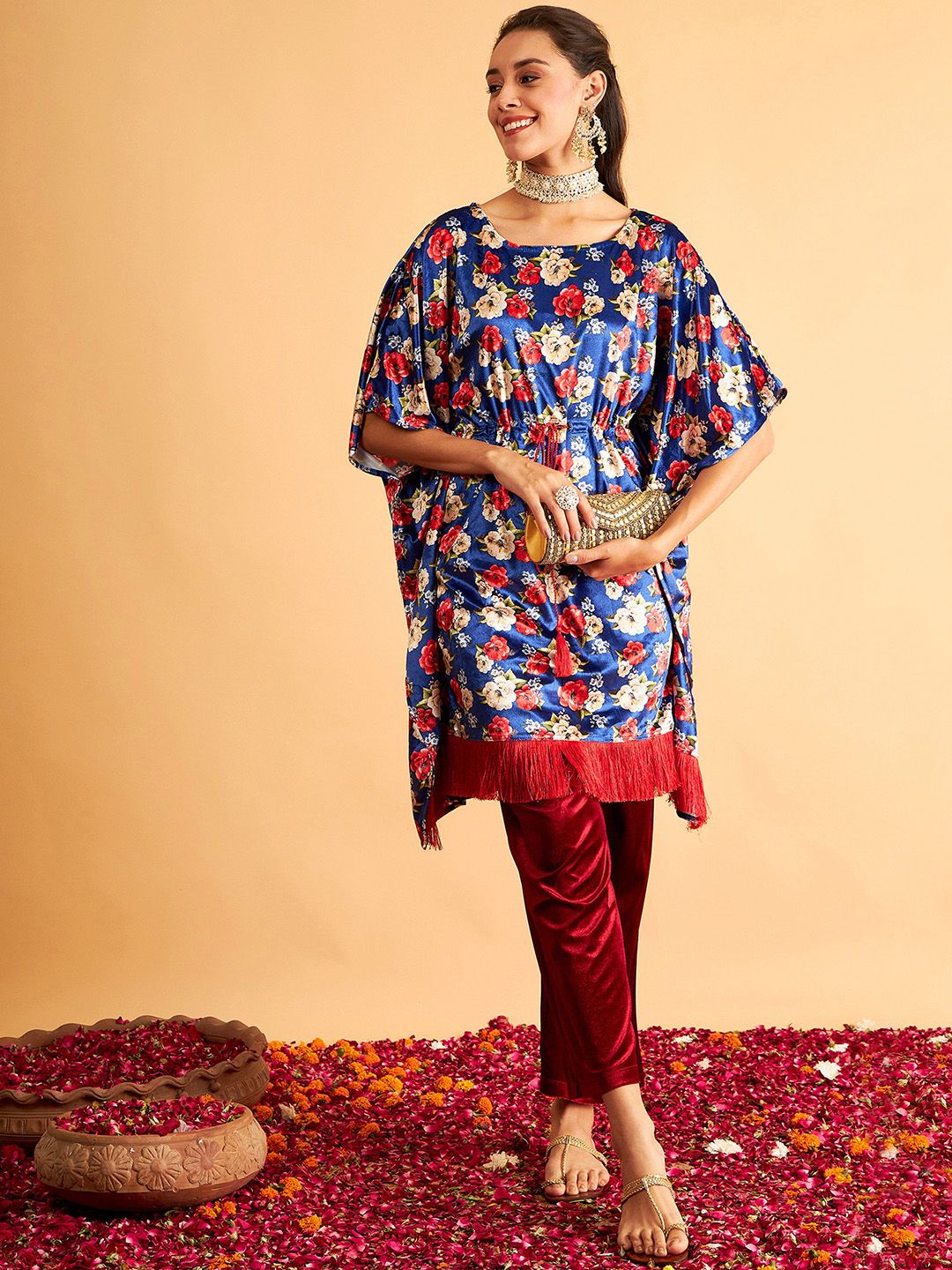 Shae by SASSAFRAS Floral Printed Velvet High Low Kaftan Kurta