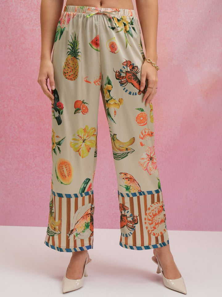 Tokyo Talkies Printed Satin Shirt Collar Shirt With Trousers Co-Ords