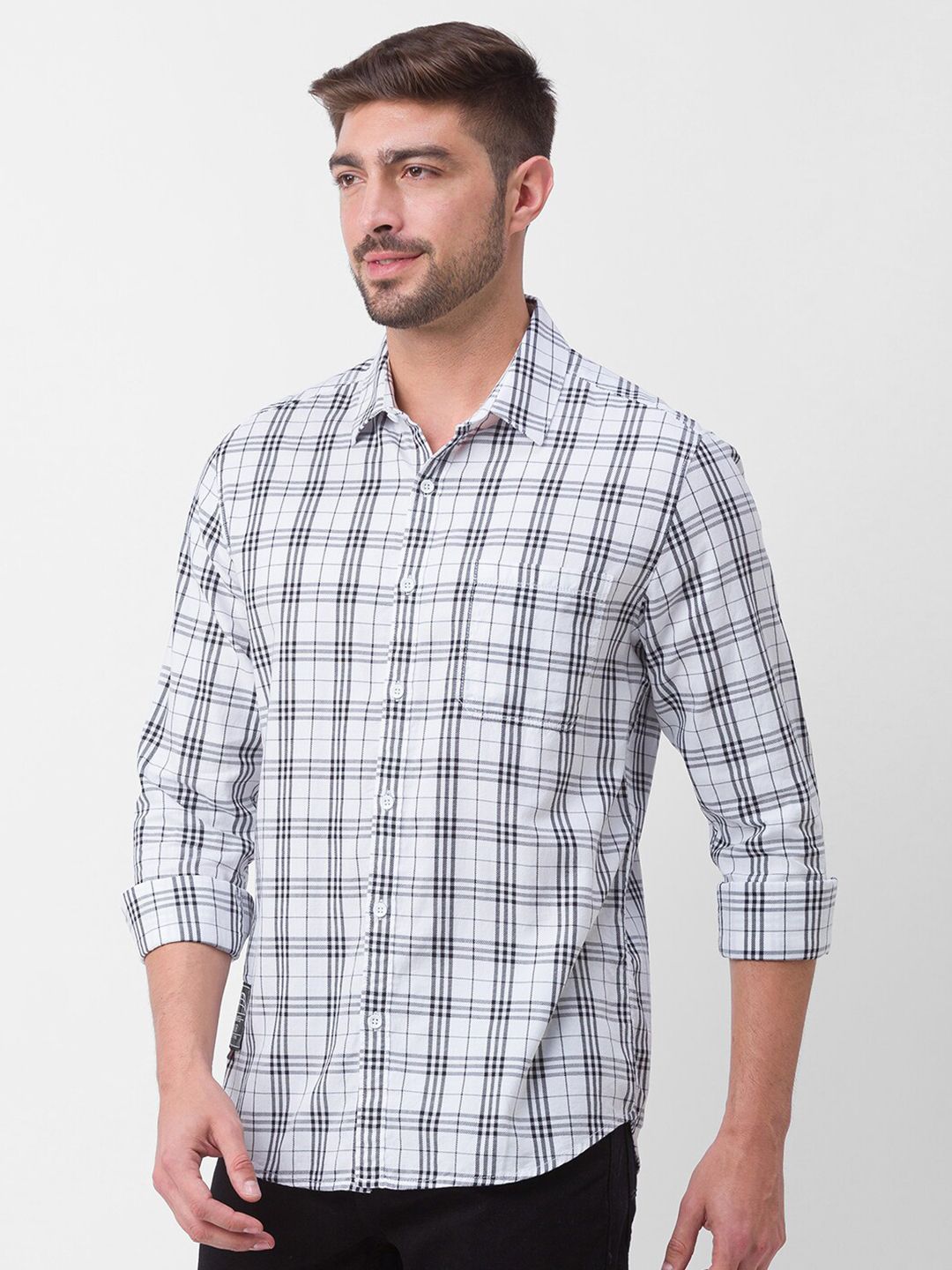 SPYKAR Men White Slim Fit Tartan Checks Checked Casual Shirt