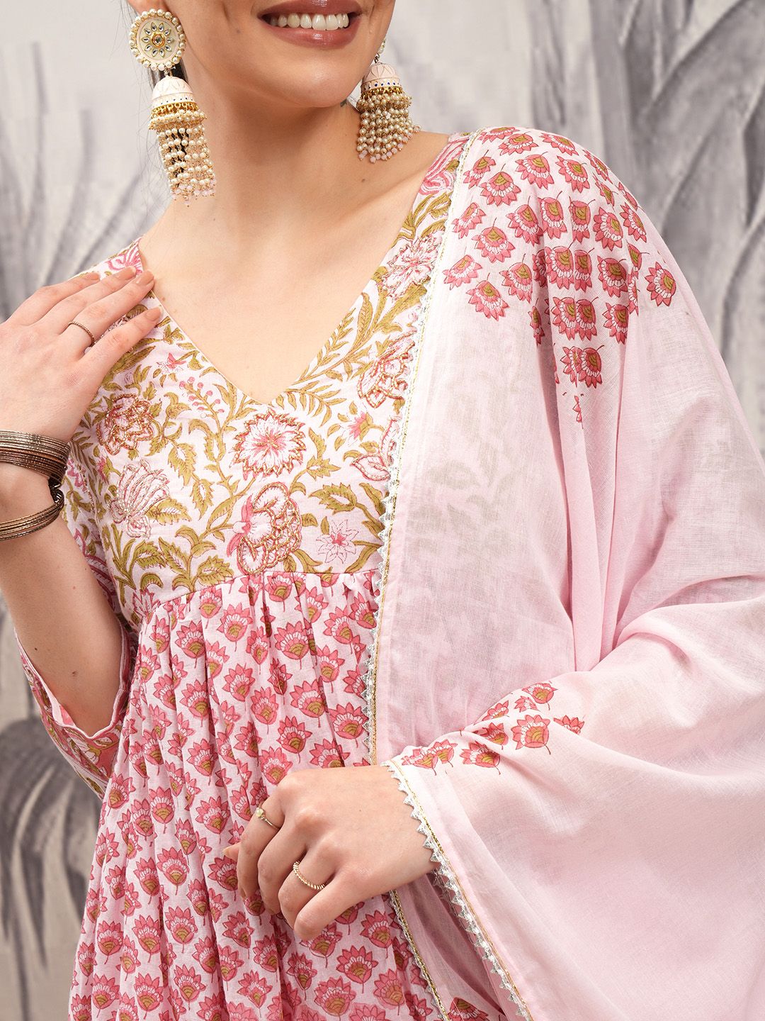 Vishudh Pink V Neck Floral Printed Regular Pure Cotton Anarkali Kurta Set