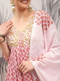 Vishudh Pink V Neck Floral Printed Regular Pure Cotton Anarkali Kurta Set