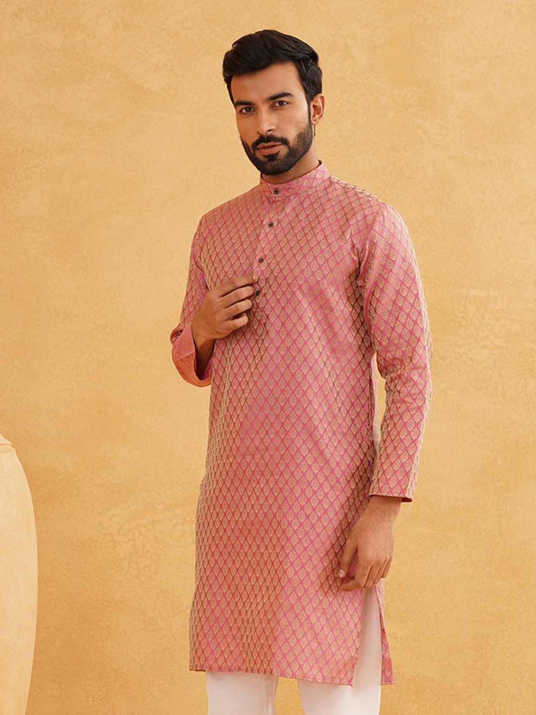 SOJANYA Woven Design Mandarin Collar Silk Cotton Kurta