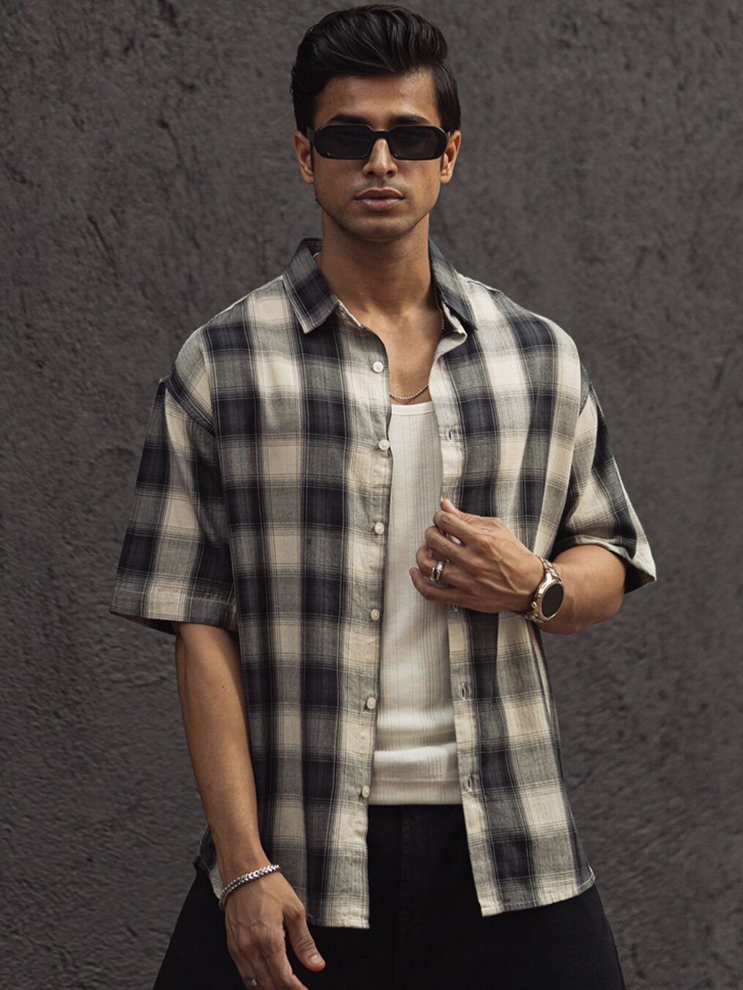 Powerlook India Slim Tartan Checked Drop-Shoulder Sleeves Cotton Oversized Shirt