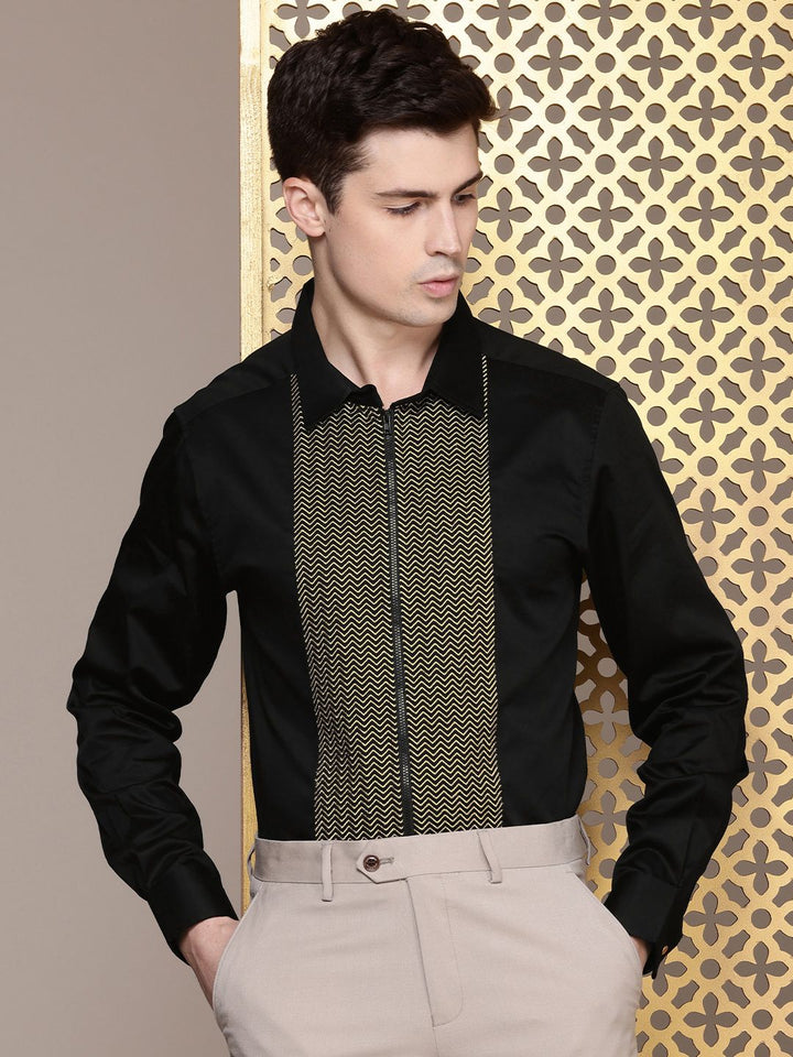 House of Pataudi Pure Cotton Zari Work Chevron Opaque Party Shirt