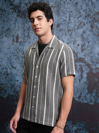LOCOMOTIVE Premium Mock Lino Dobby Textured Striper Camp Collar Shirt