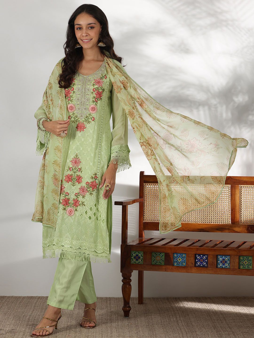 Libas Floral Embroidered Thread Work Straight Kurta with Trousers & Dupatta