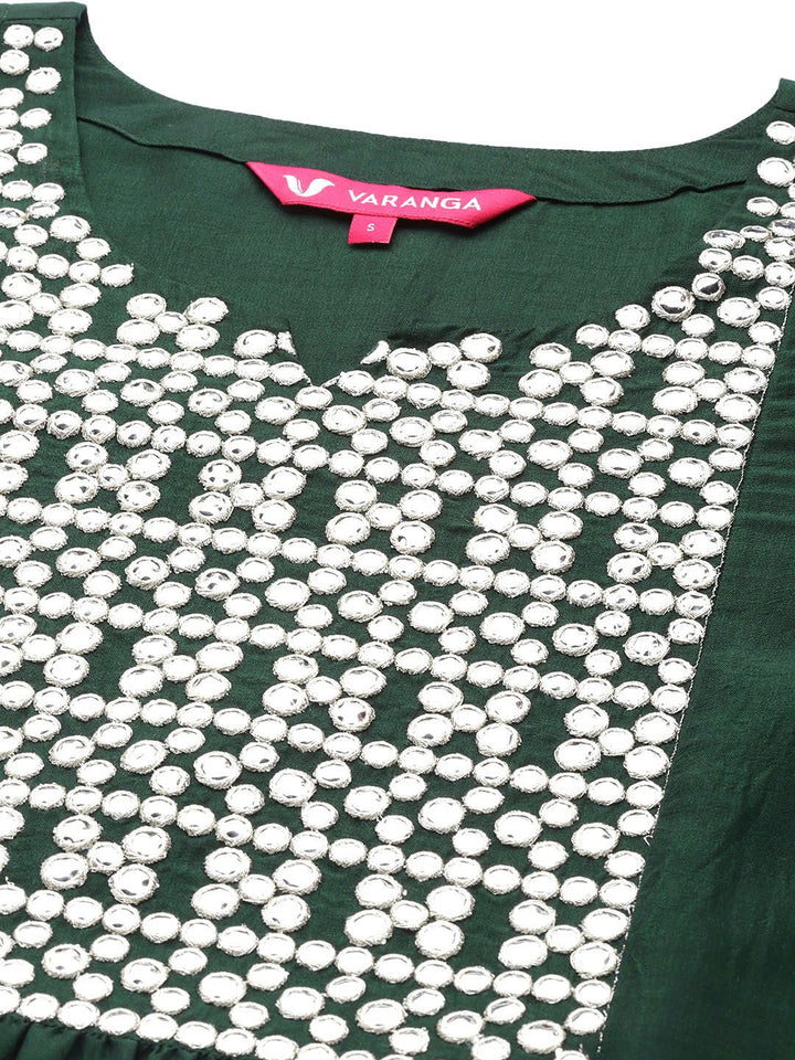 Varanga Women Green Yoke Design Mirror Work Kurta with Trousers &  Dupatta