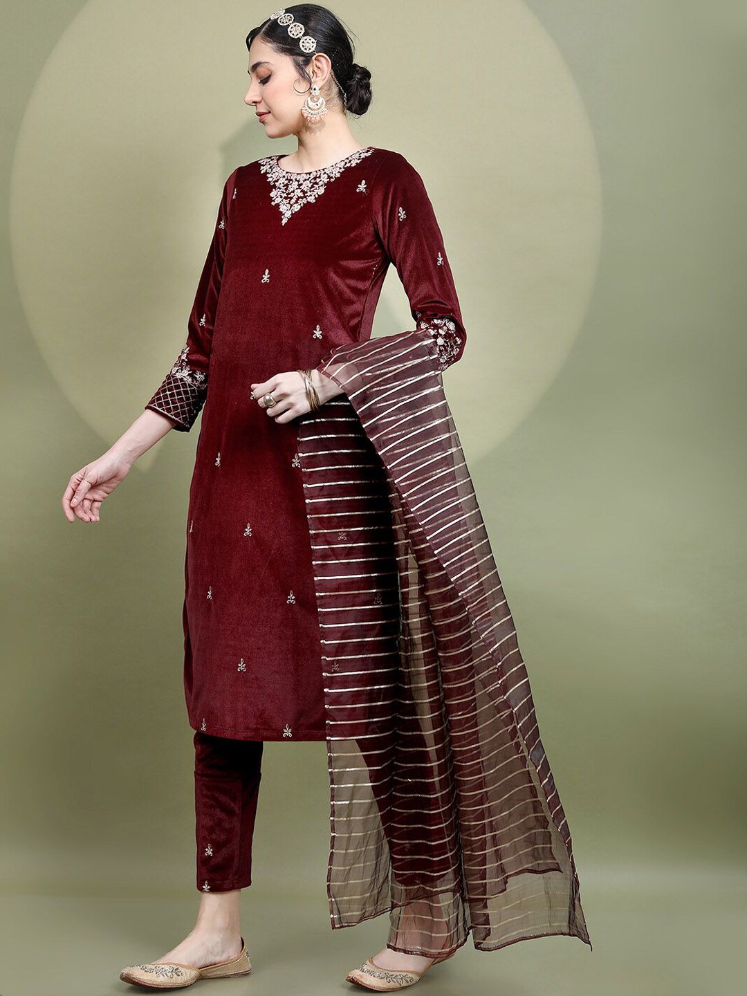 Vishudh Women Maroon Embroidered Knited Velvet Kurta & Trousers with Dupatta