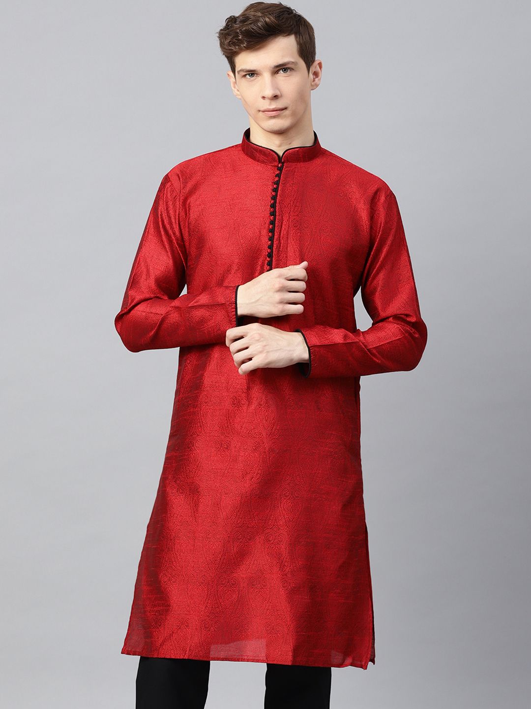 SOJANYA Men Maroon Woven Design Kurta Lurus
