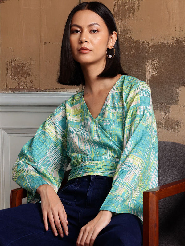 all about you Geometric Print Flared Sleeve Wrap Crop Top