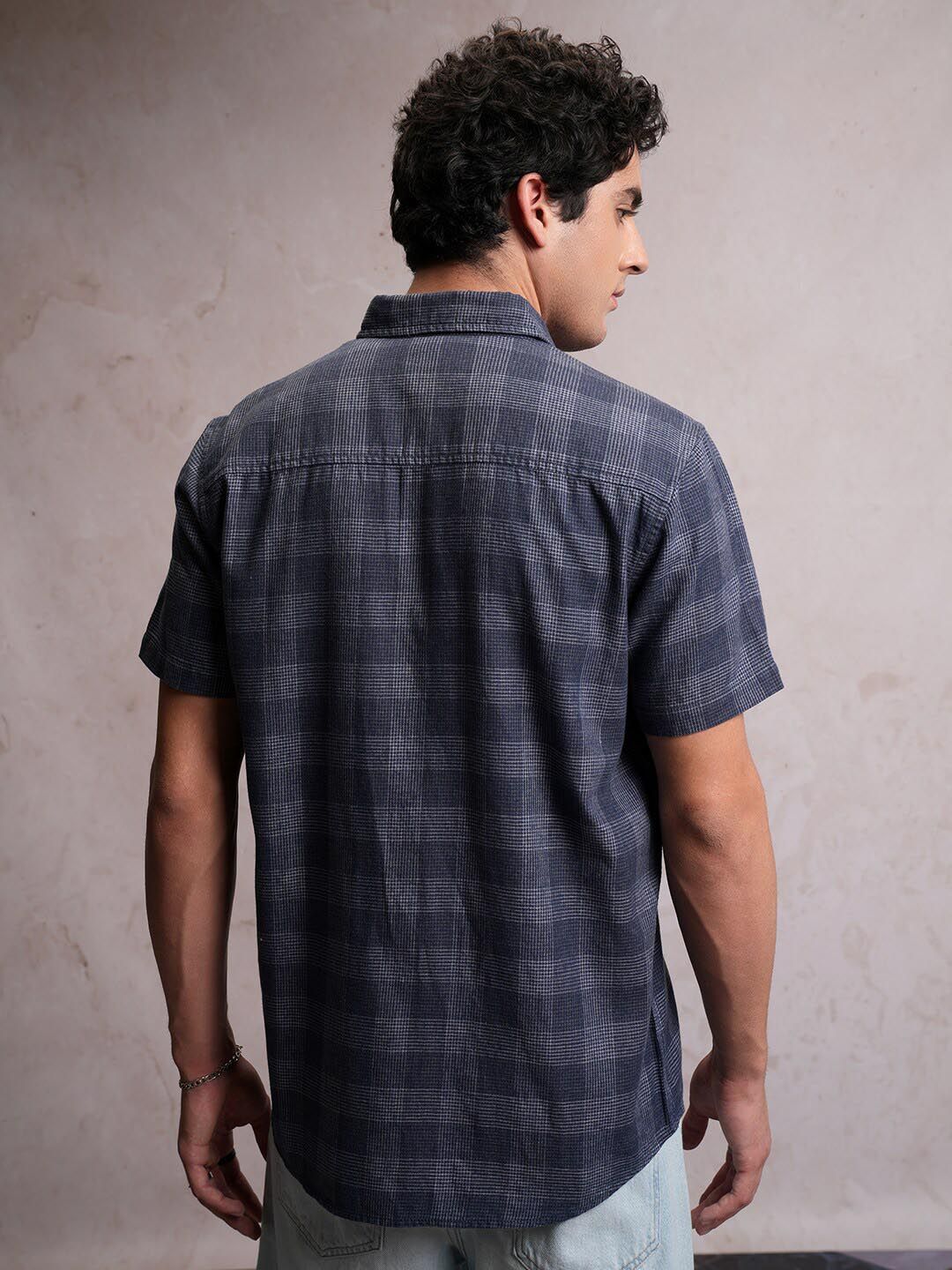 Locomotive Men Blue Linen Blend Checked Utility Pocket Regular Shirt